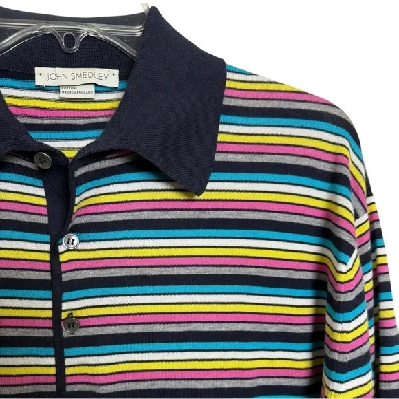 John Smedley Knit Polo Shirt Size XL Navy Multicolor Stripe Preppy - Picture 3 of 7